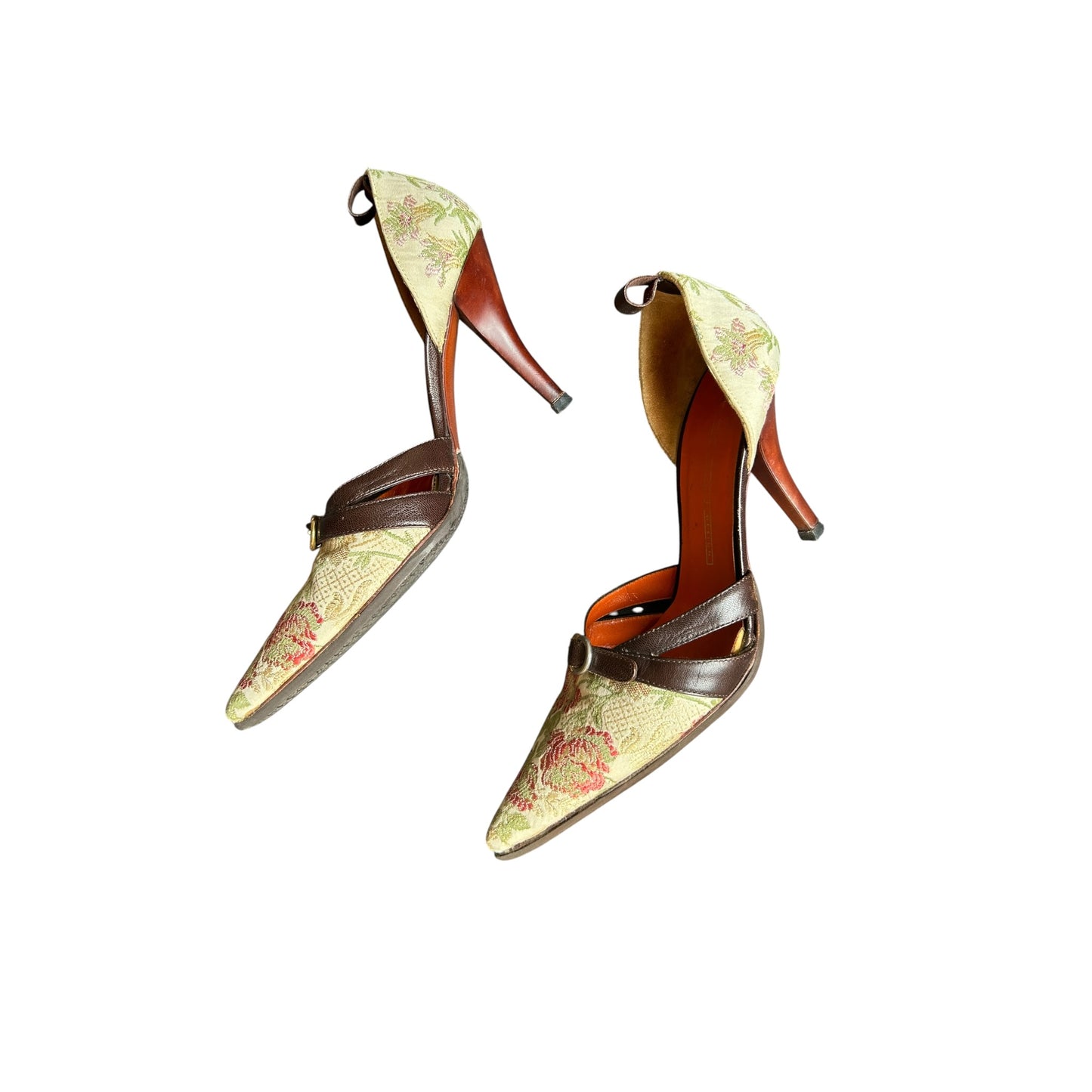 Vintage Giuseppe Zanotti floral canvas brown leather buckle heels / 37