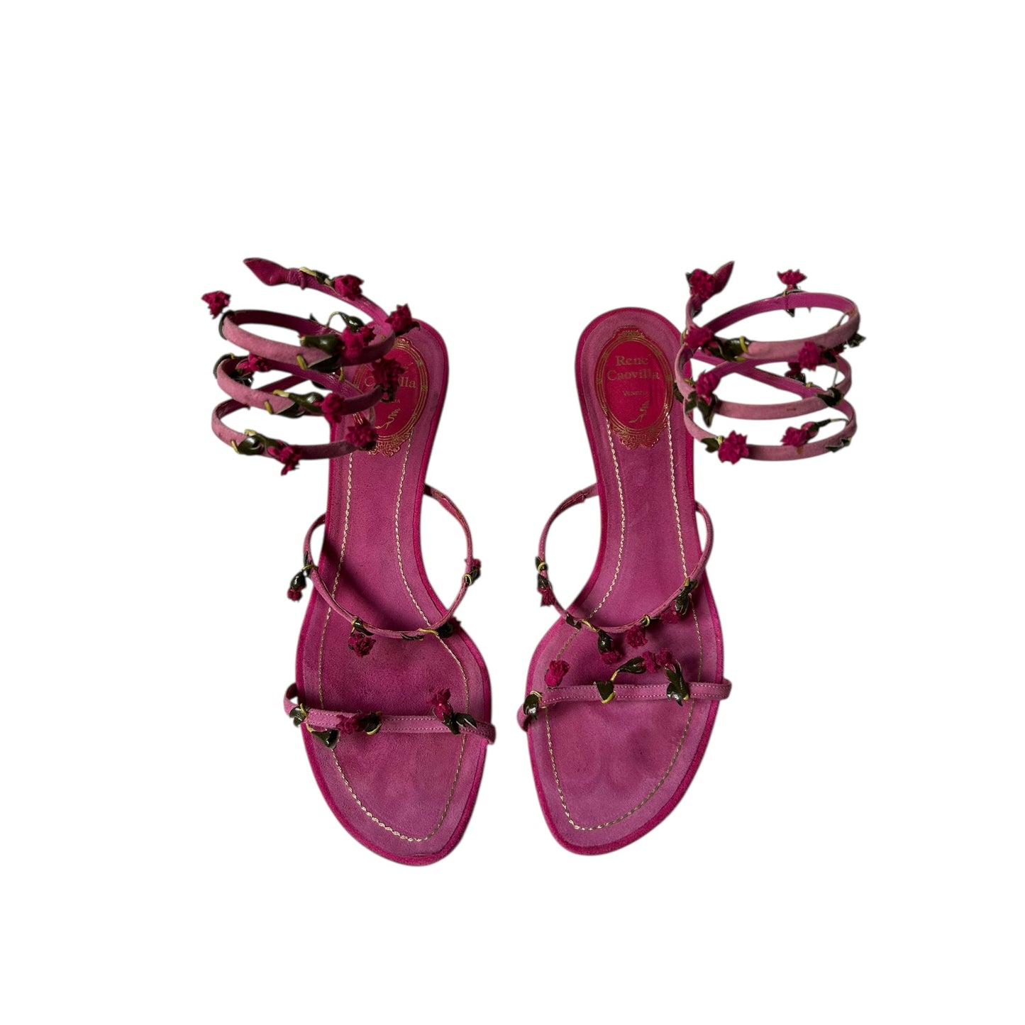 Vintage rare Renè Caovilla purple suede wrap around floral sandal heels / 38.5