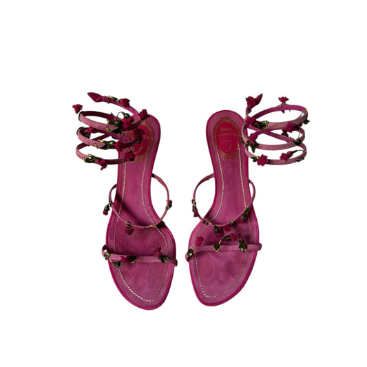 Vintage rare Renè Caovilla purple suede wrap around floral sandal heels / 38.5