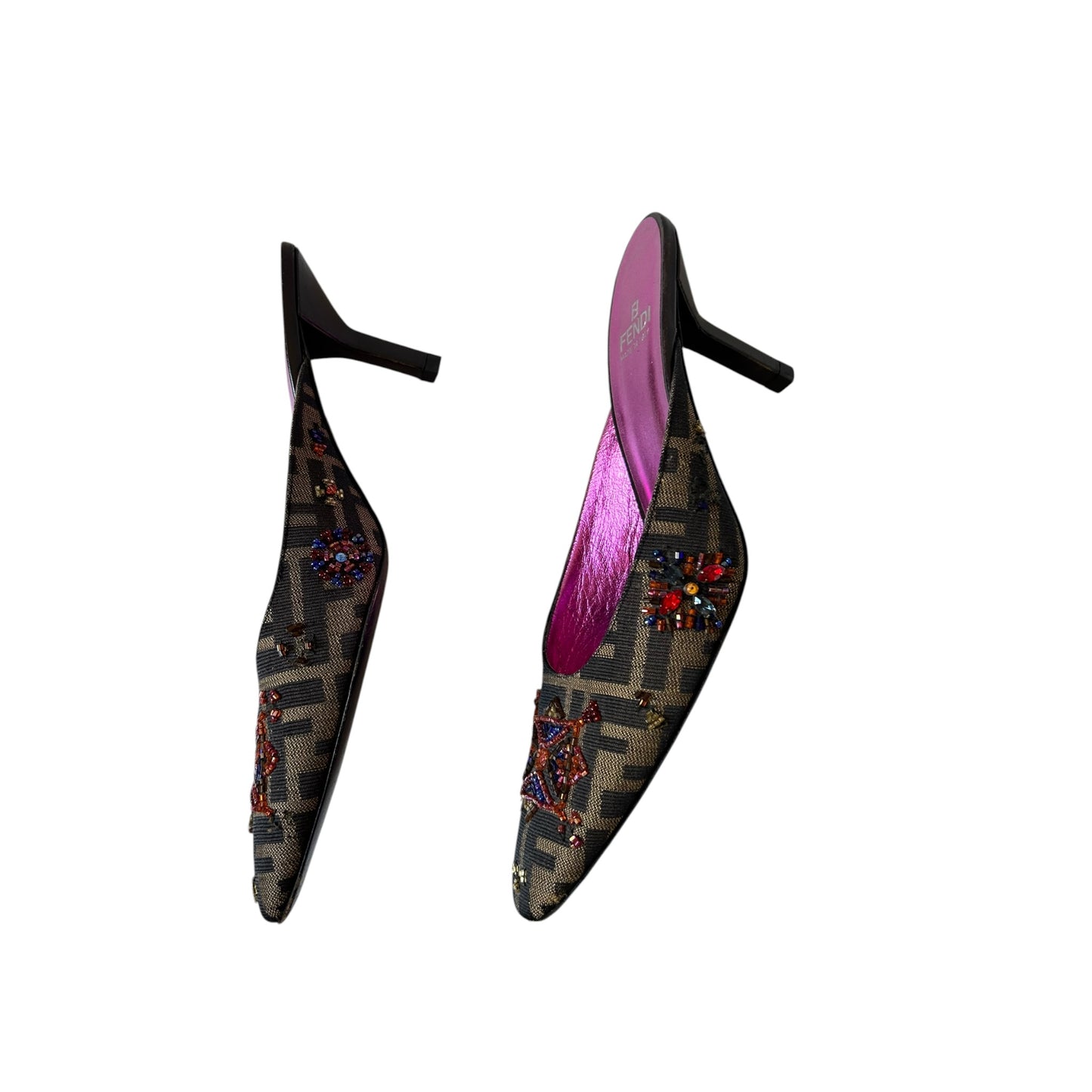 Vintage rare Fendi Zucca monogram logo embroidered mule heels / 38.5
