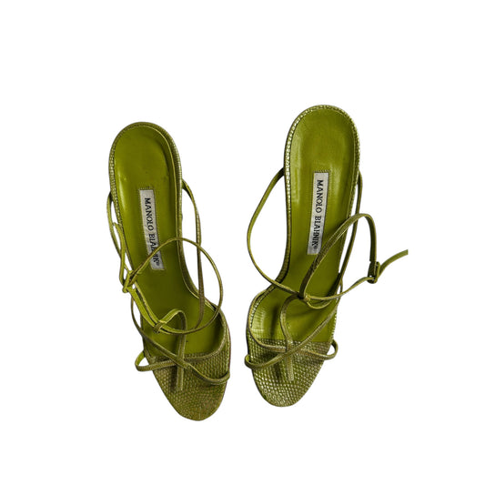 Vintage Manolo Blahnik green lizard skin strap sandal heels / 38