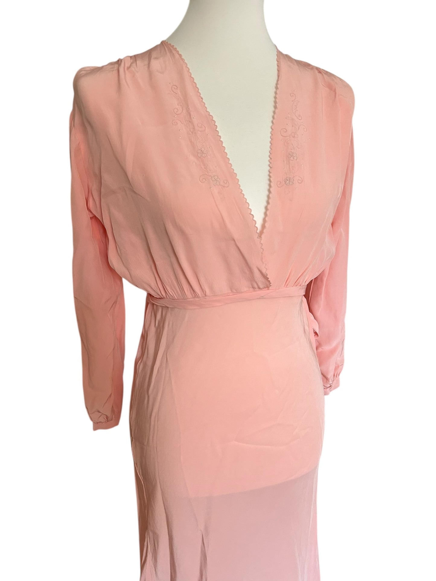 Vintage pink embroidered blush maxi silk slip dress / S