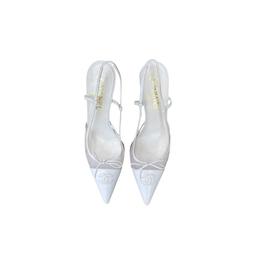 Chanel “CC” White Bow Mesh Slingback Heels/ 38.5