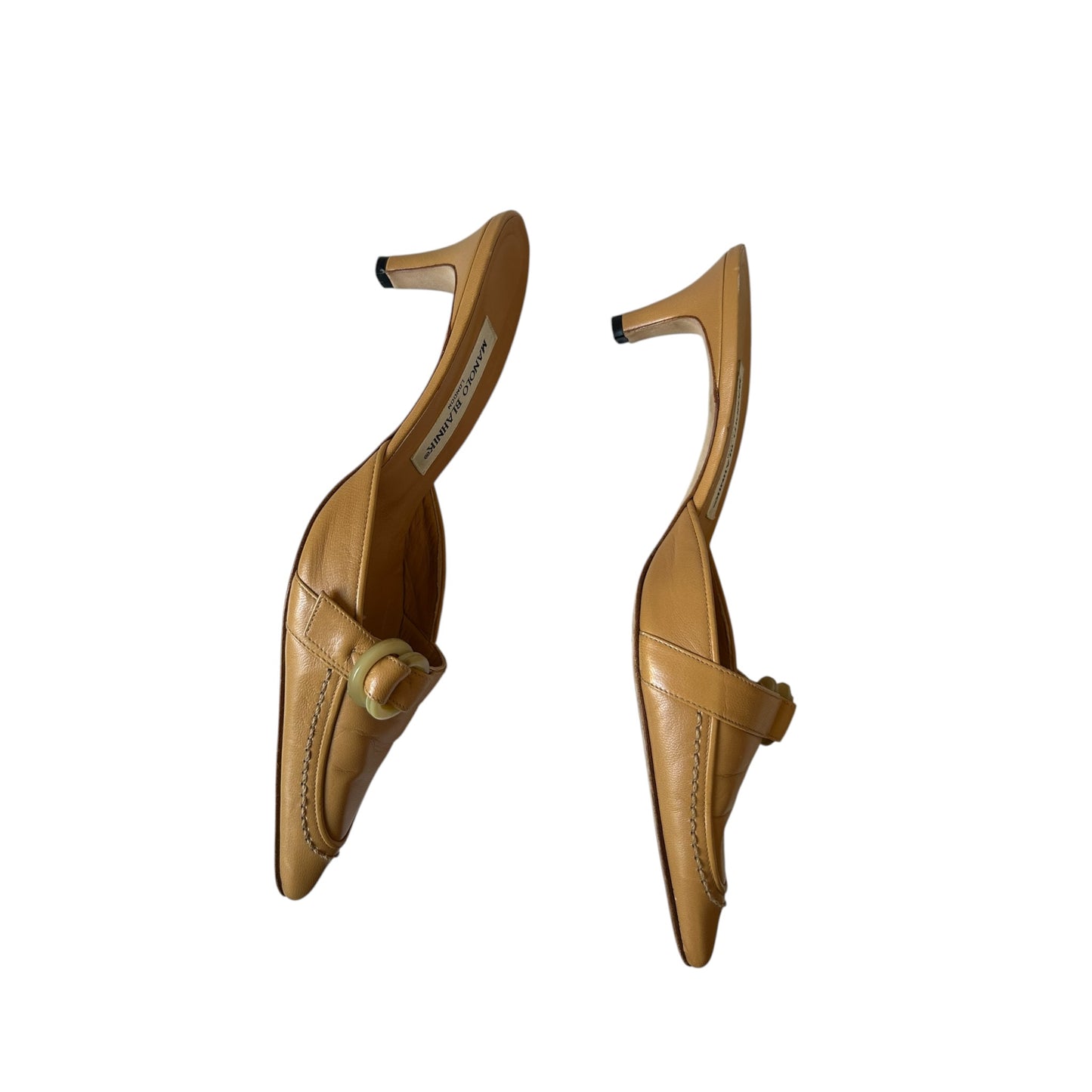 Vintage Manolo Blahnik tan buckle mule heels / 37.5