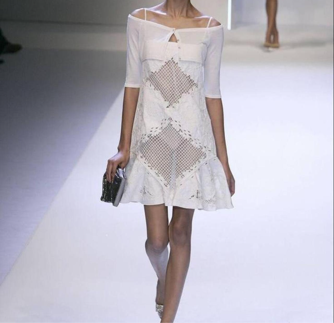 RENTAL ONLY Vintage Valentino SS07 Runway Silk Embellished White Mini Dress with Lattice Cutout