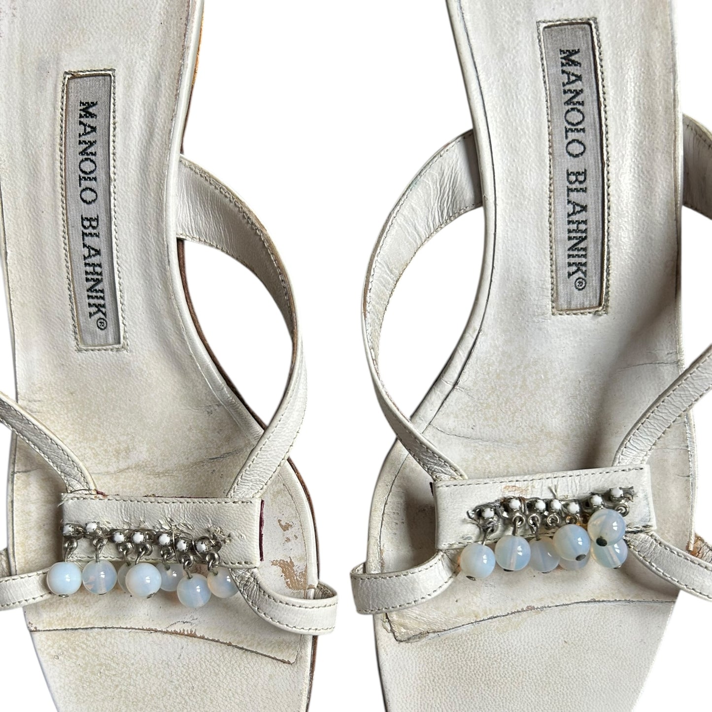 Vintage Manolo Blahnik white leather beaded slips mules / 37