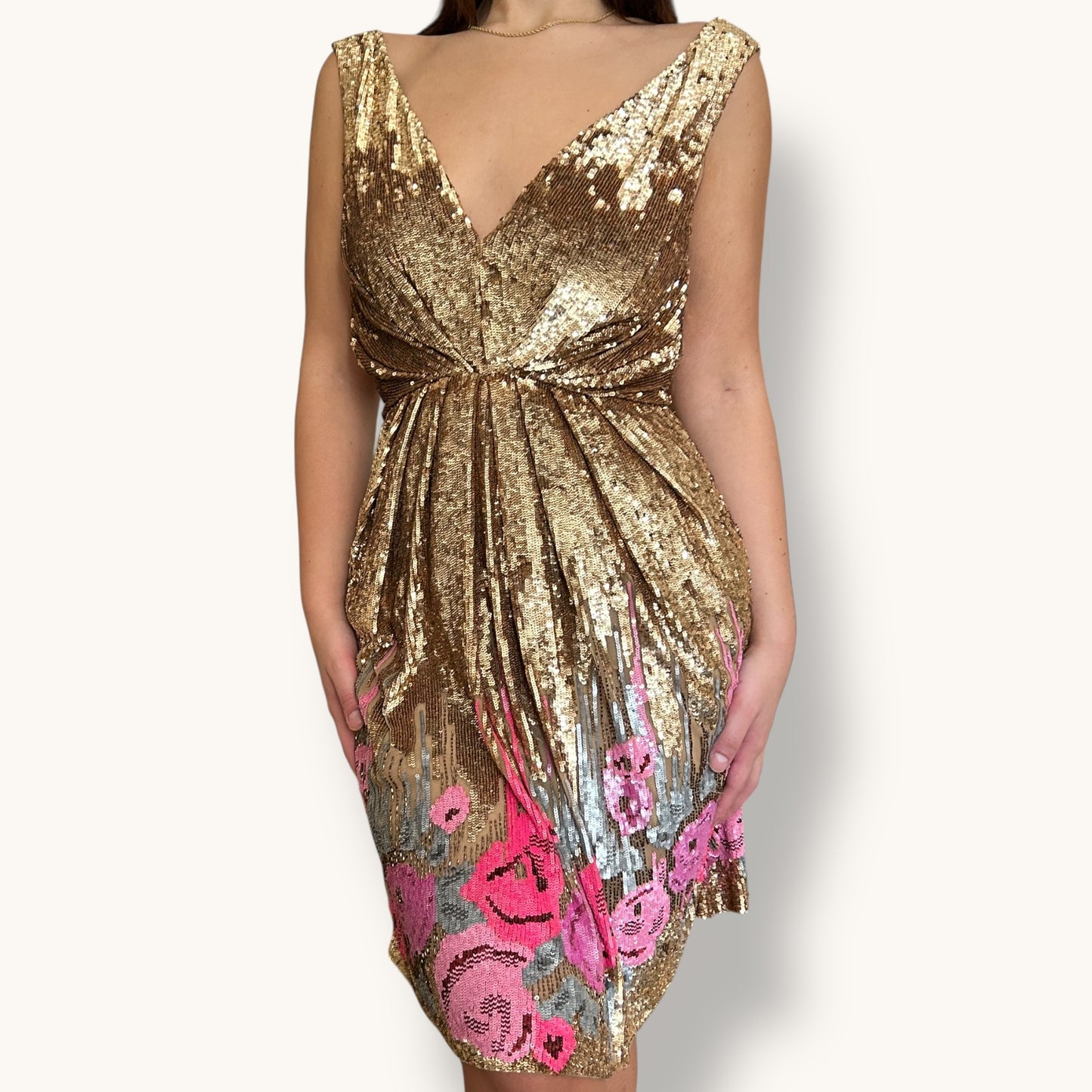 Vintage Blumarine SS2000 Gold Sequin Plunge Dress with Pink Floral Hem runway