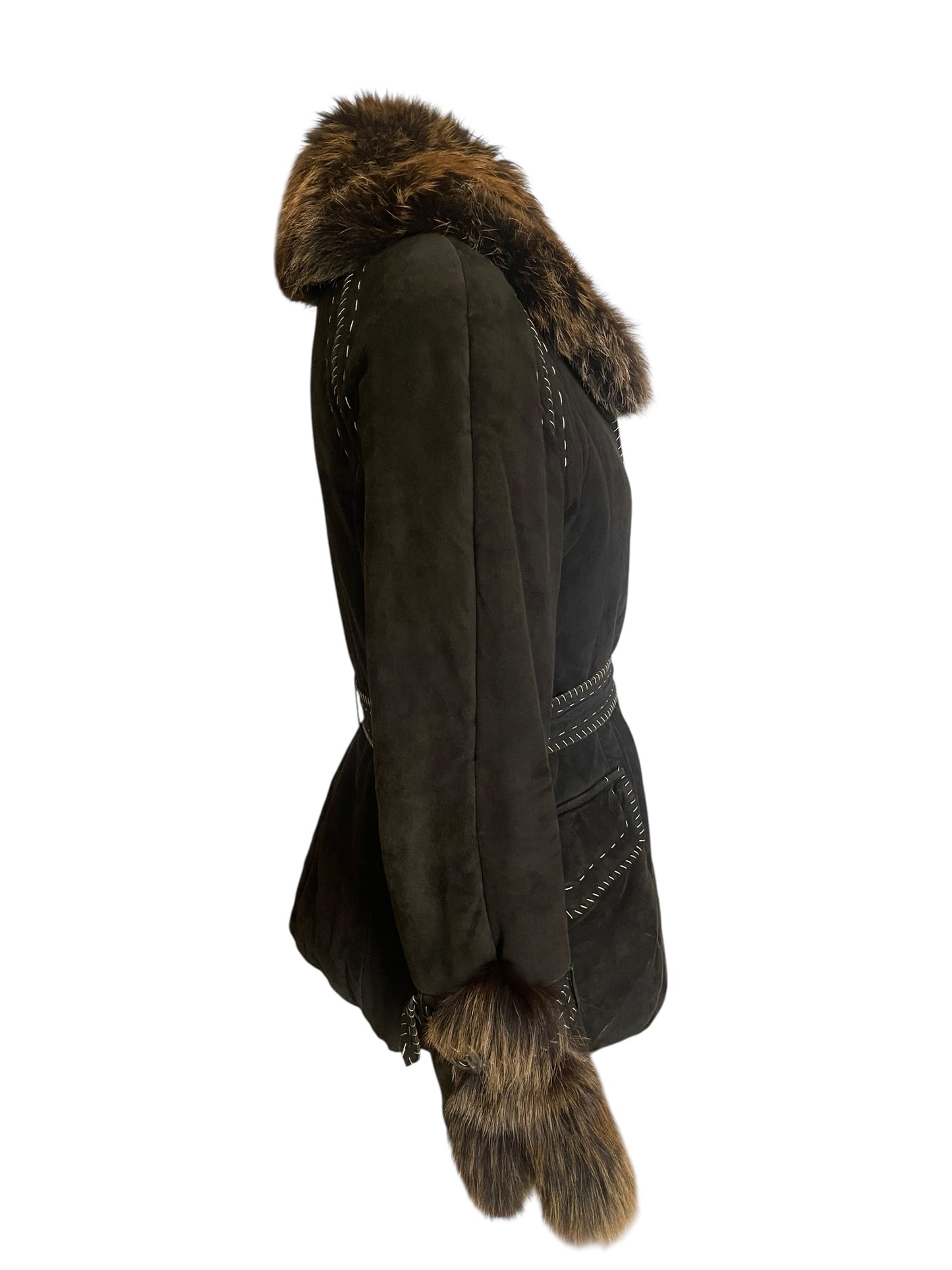 Vintage Roberto Cavalli 2006 Black Suede Washed look Jacket with Fox Fur Collar & Belt