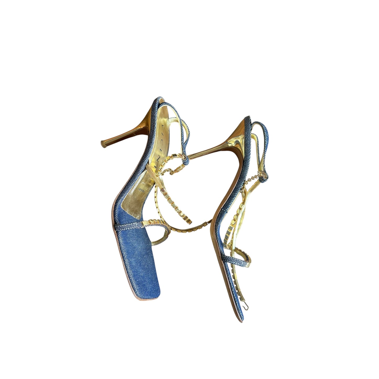 Vintage Vicini by Zanotti denim crystal gold mule heels / 37.5
