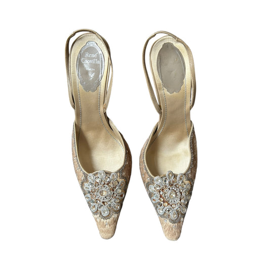 Vintage Rene Caovilla pony hair crystal embroidery rare slingback heels / 37.5