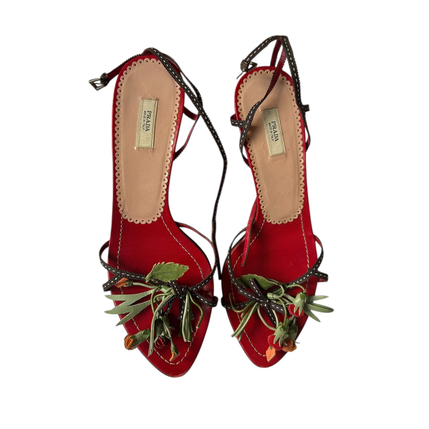 Vintage Prada floral appliqué red sandal heels / 37