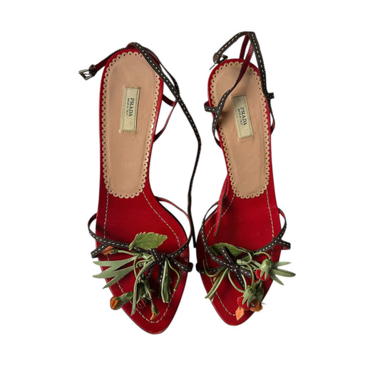 Vintage Prada floral appliqué red sandal heels / 37