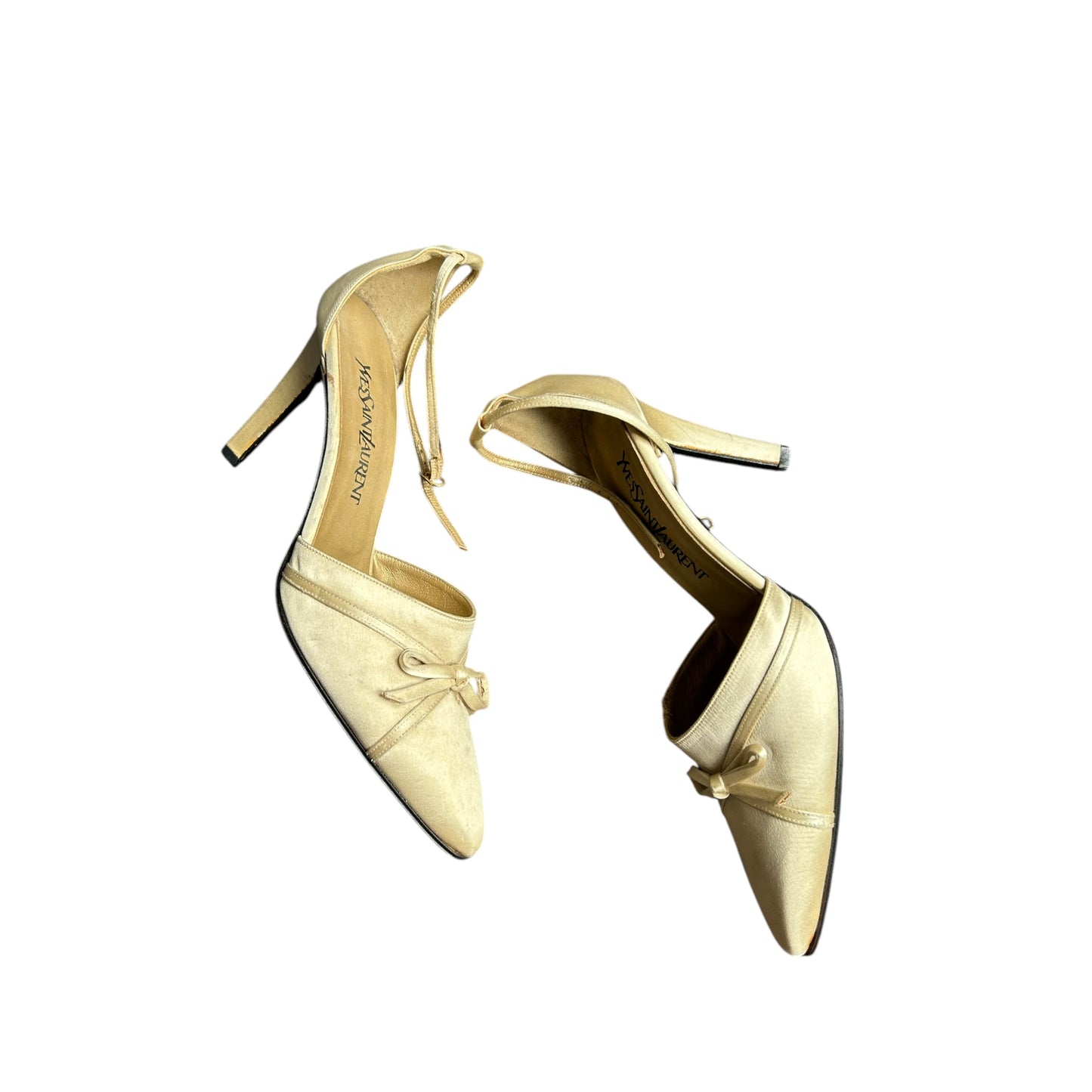 Vintage Yves Saint Laurent cream satin bow tie heels / 38.5