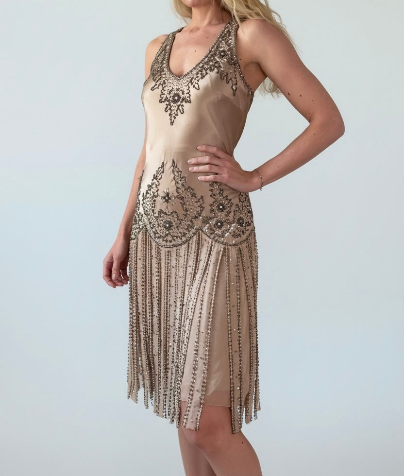 Vintage Versace beige silk beaded 90s dress