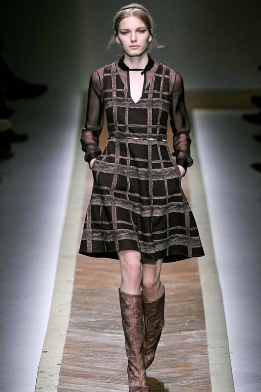 Valentino Runway 2011 Lace Grid Dress – Brown Sleeveless A-Line Designer Dress
