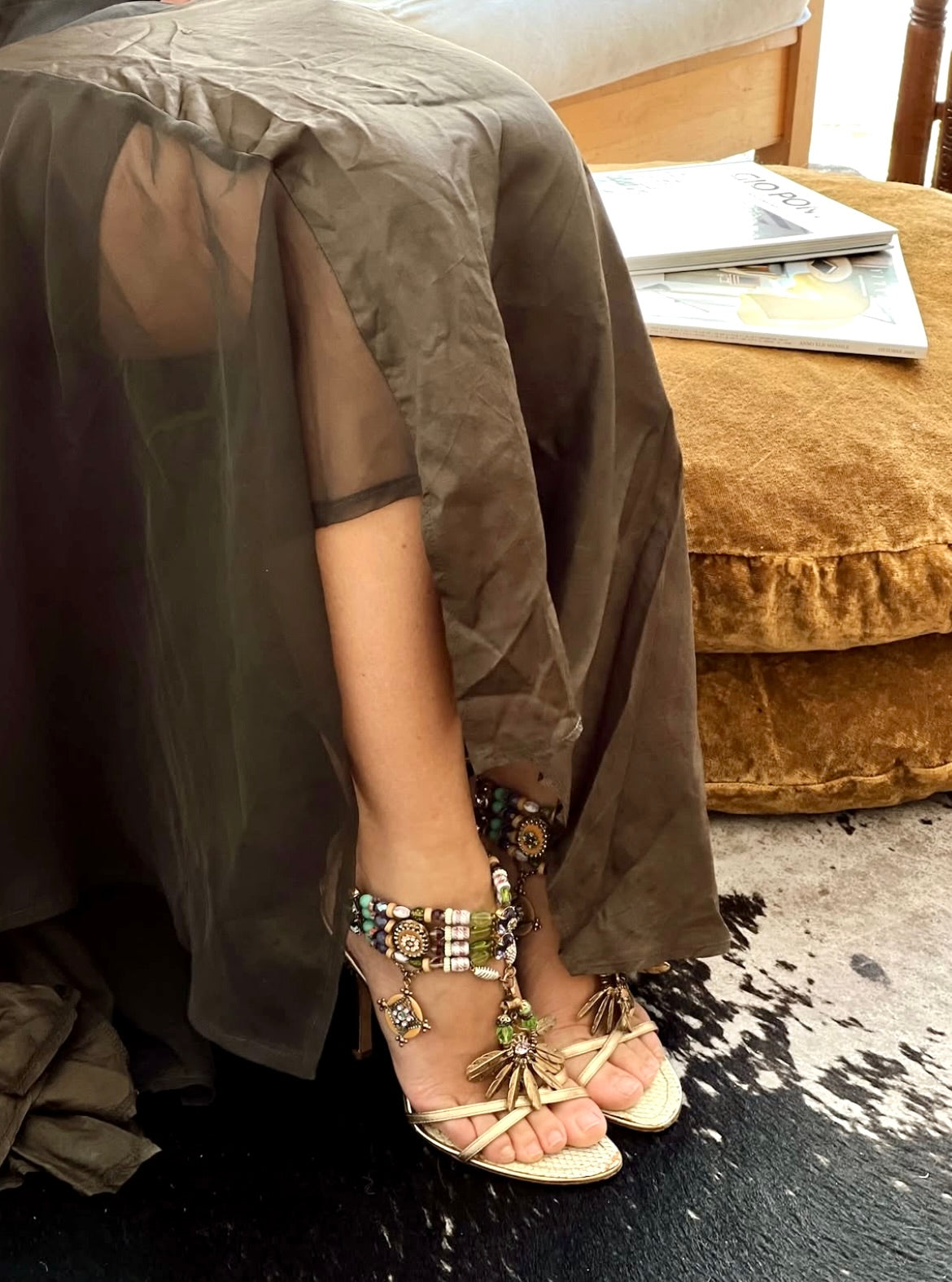 Vintage collector piece Rene Caovilla metallic lizard insole heavy embedded tropical motive sandal heels / 37