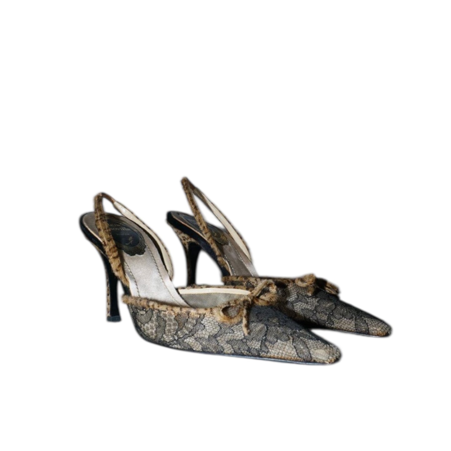Vintage René Caovilla Lace & Leopard Slingback Heels / 36