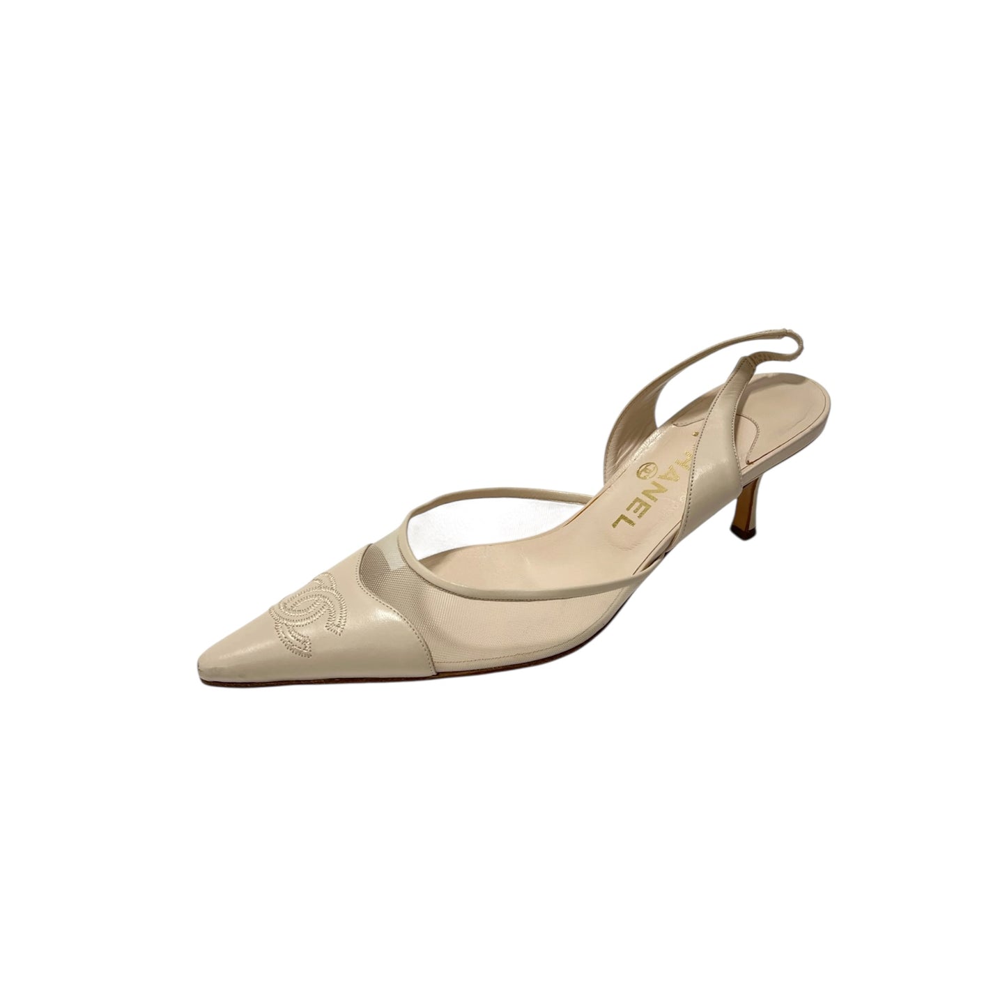 Vintage Chanel by Karl Lagerfeld 2004 ivory CC mesh slingback heels / 39.5