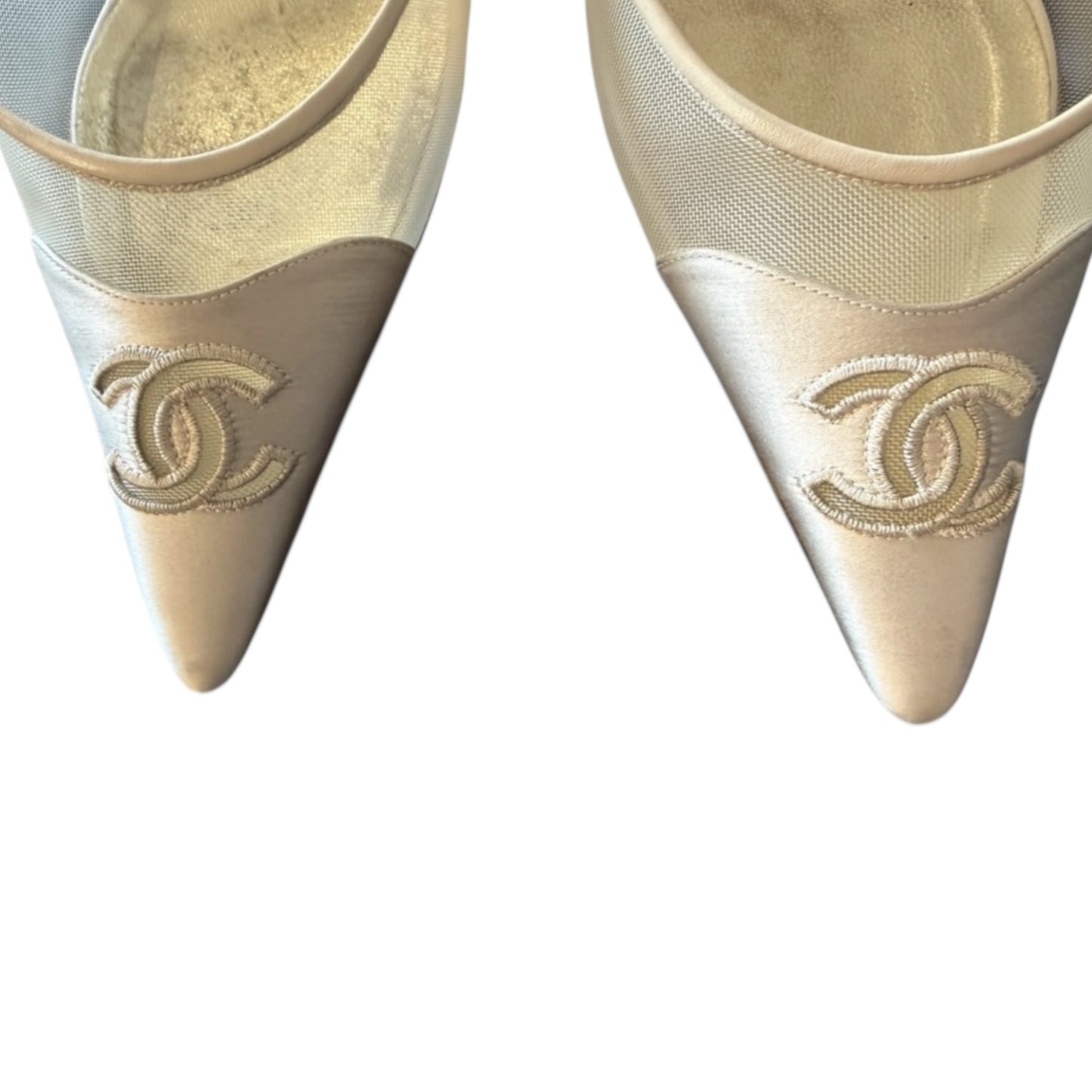 Vintage Chanel satin pearl CC logo slingback heels by Karl Lagerfeld/ 38.5