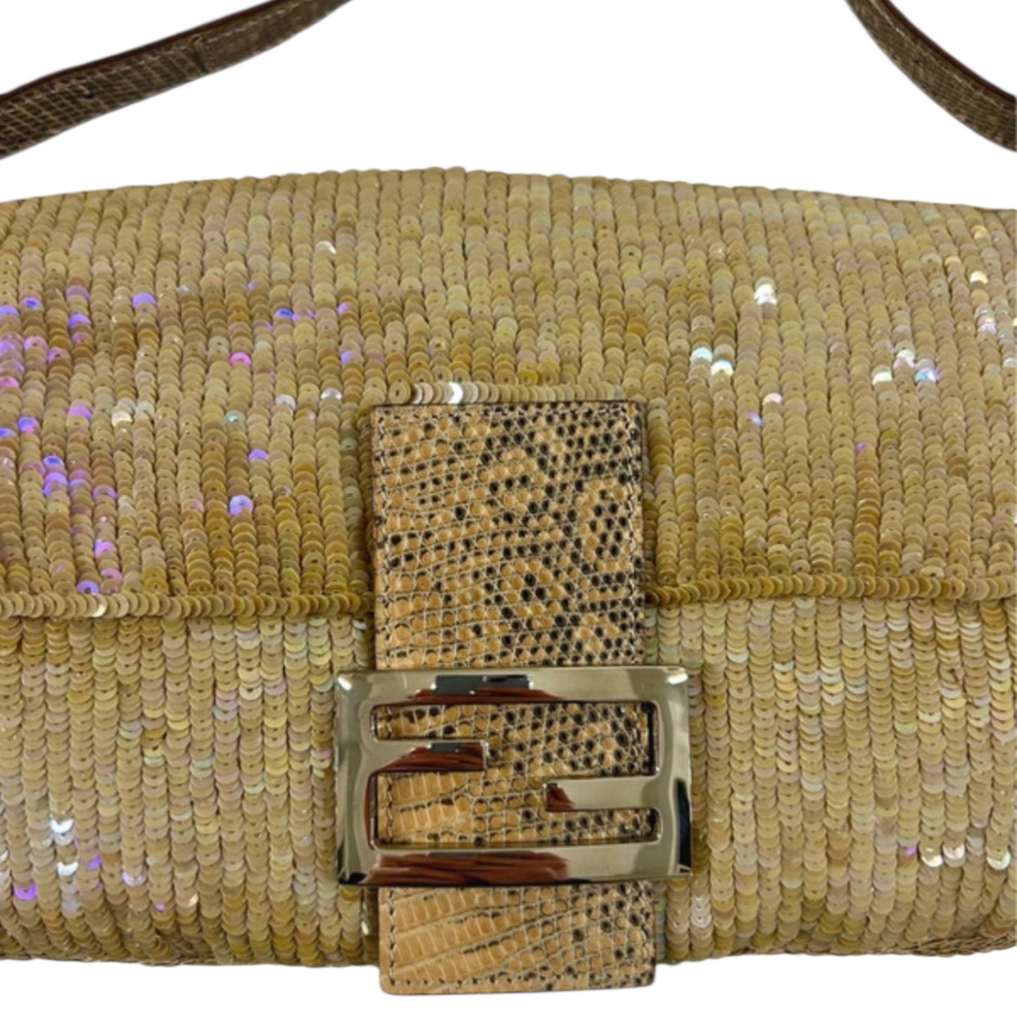 Vintage Fendi beige golden sequined lizard skin baguette bag as seen on SATC