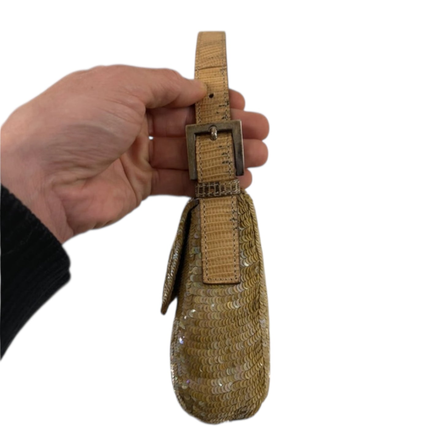 Vintage Fendi beige golden sequined lizard skin baguette bag as seen on SATC