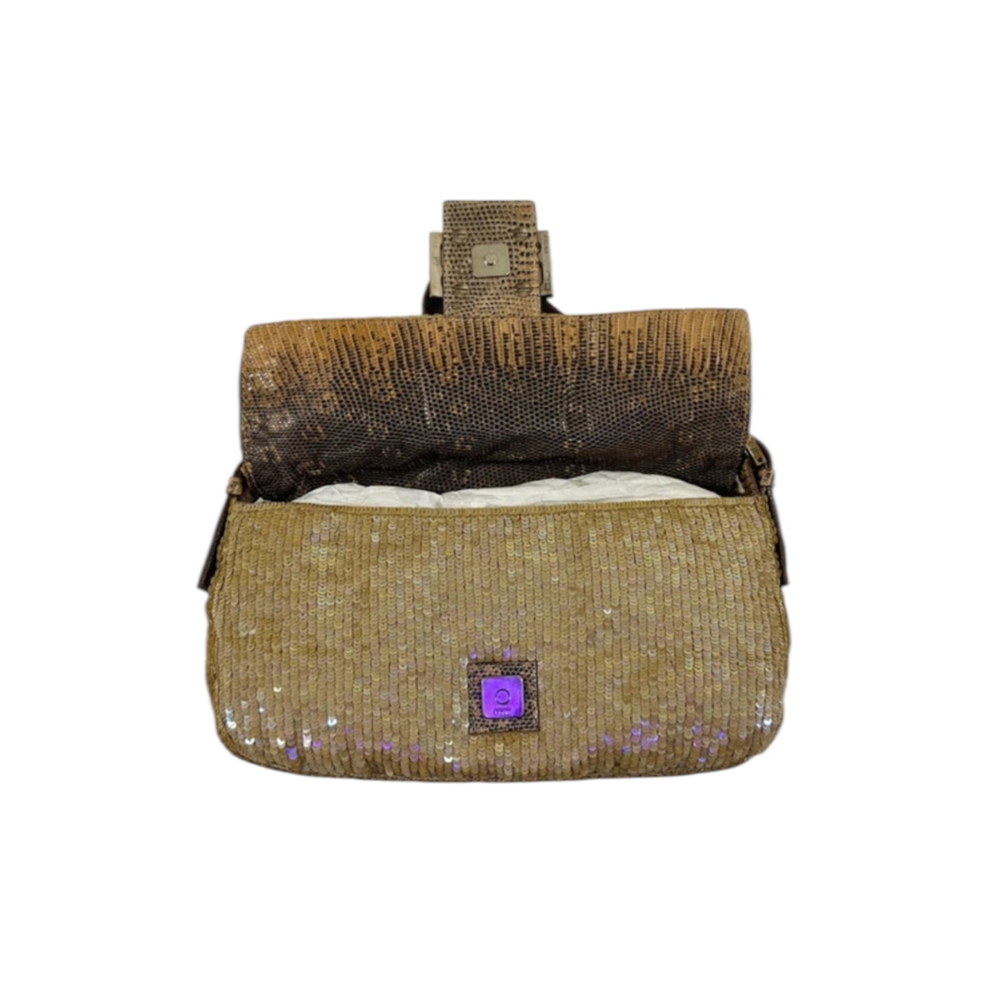 Vintage Fendi beige golden sequined lizard skin baguette bag as seen on SATC