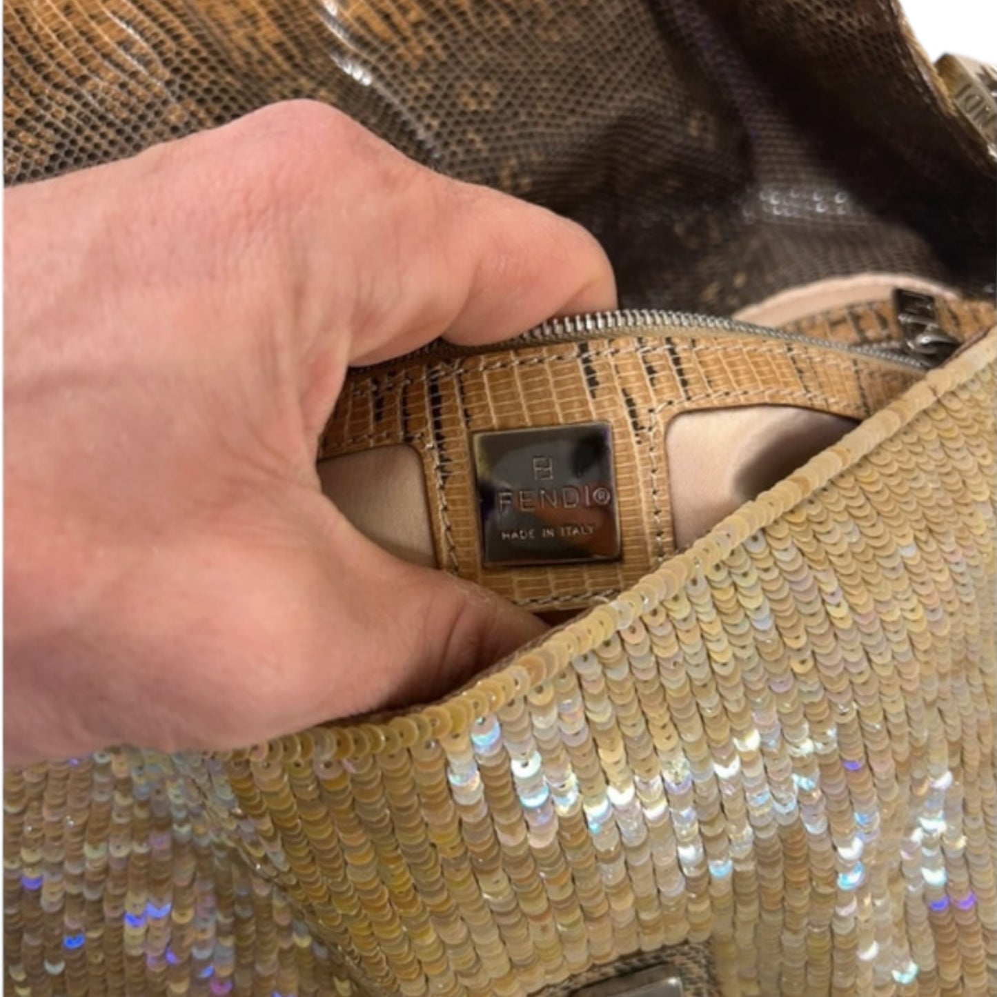 Vintage Fendi beige golden sequined lizard skin baguette bag as seen on SATC