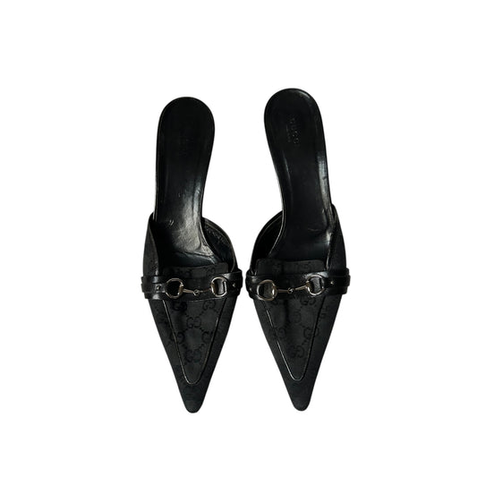 Vintage Gucci by Tom Ford monogram black cloth horse-bit mule heels / 41.5