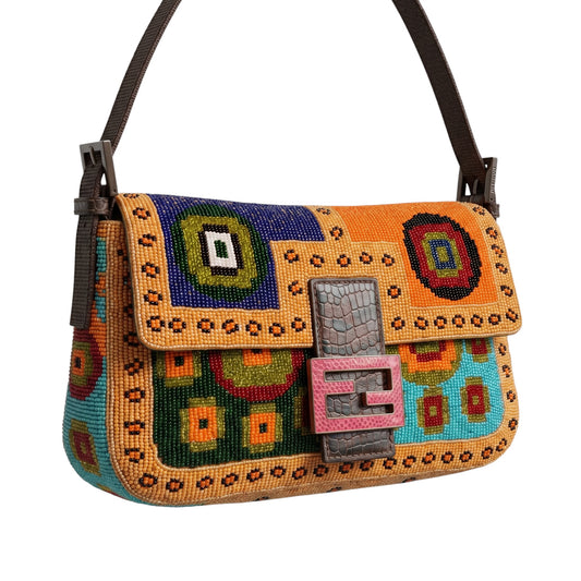 One of a kind Vintage Fendi Baguette Beaded Shoulder Bag | Rare Multicolor Tribal Pattern Handbag