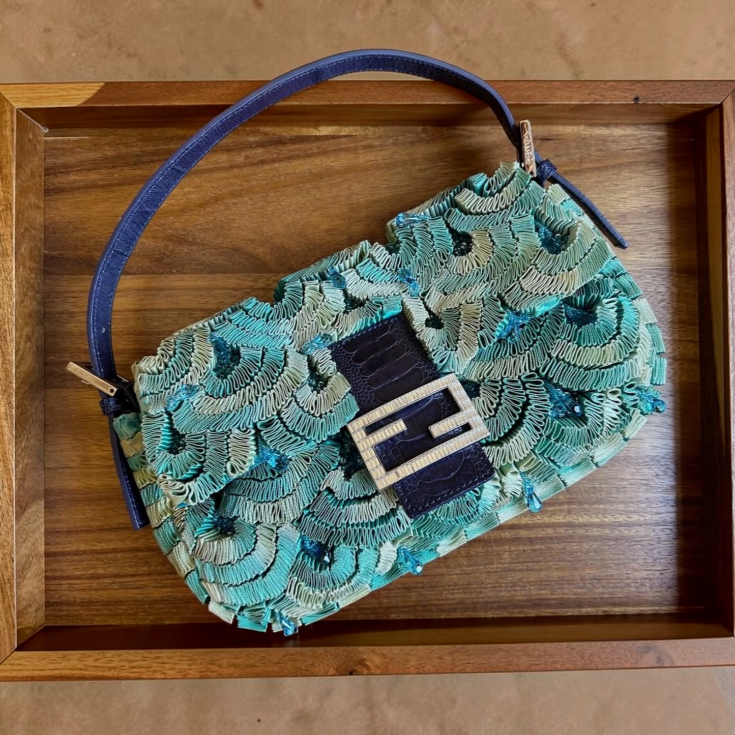 Vintage Fendi Lizard & Ostrich Leg-Trimmed Embellished Baguette 1997
