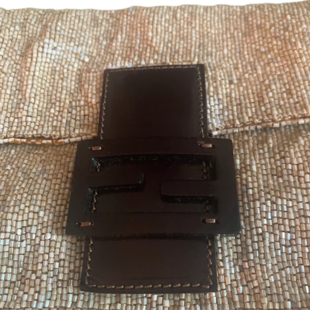 Fendi Champagne Beaded Baguette Brown Leather Strap Shoulder Bag