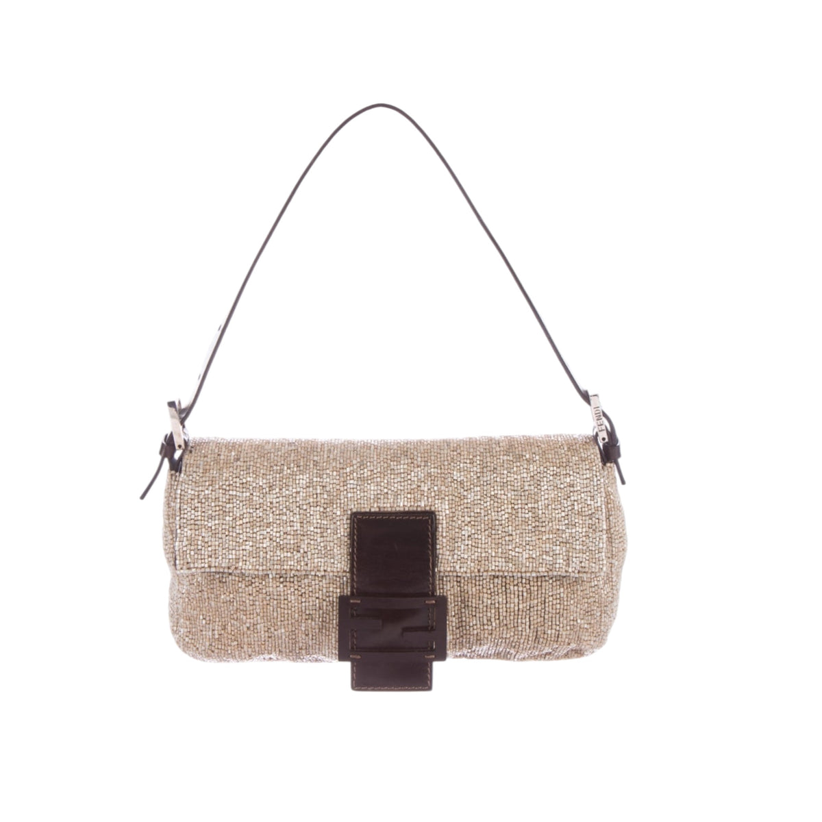 Fendi Champagne Beaded Baguette Brown Leather Strap Shoulder Bag