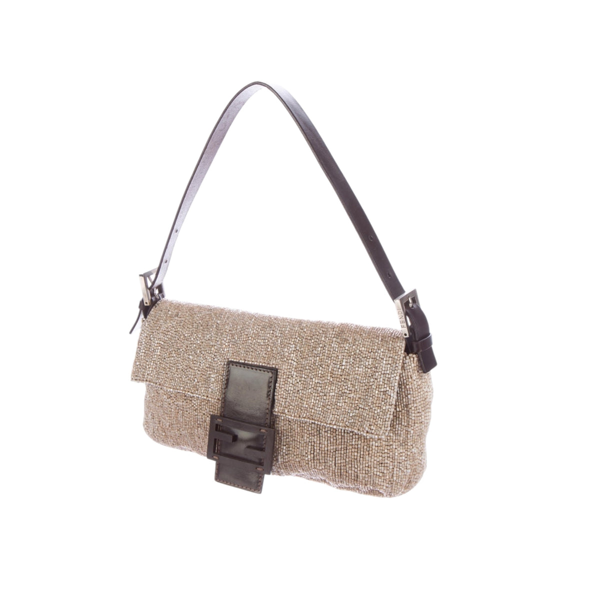 Fendi Champagne Beaded Baguette Brown Leather Strap Shoulder Bag