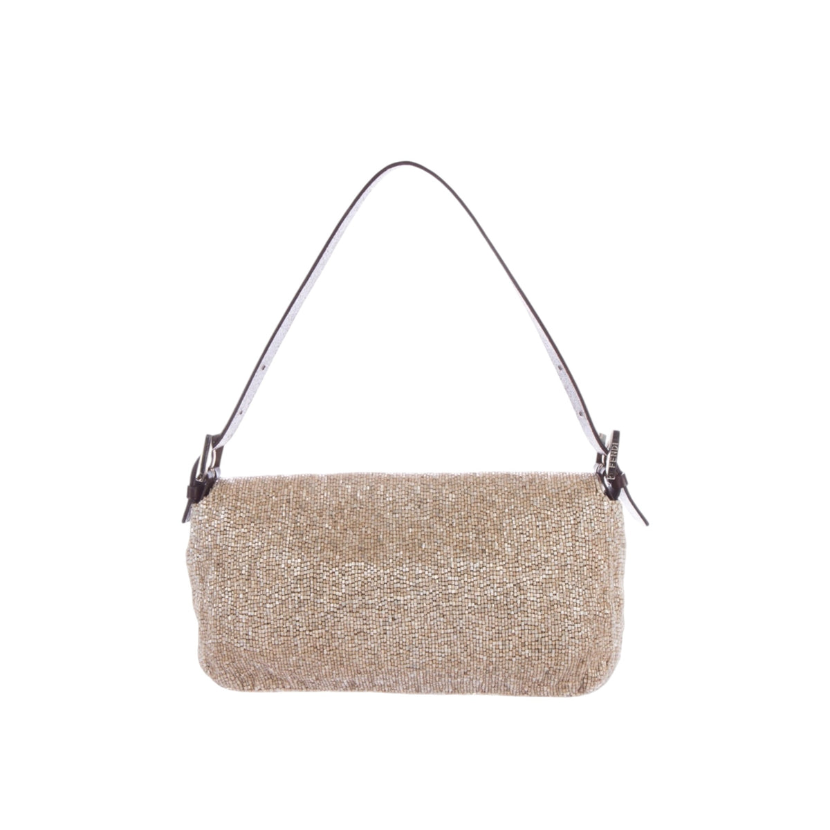 Fendi Champagne Beaded Baguette Brown Leather Strap Shoulder Bag