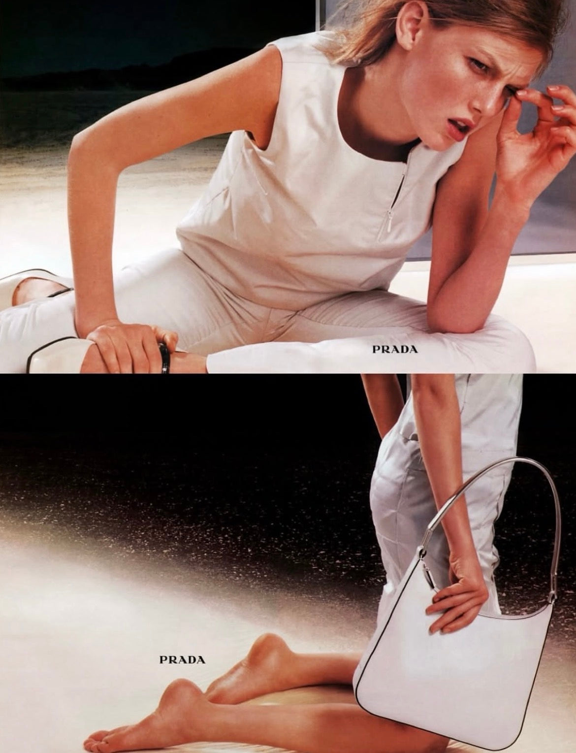 1998 Prada White Vitello Metal Campaign Shoulder Bag