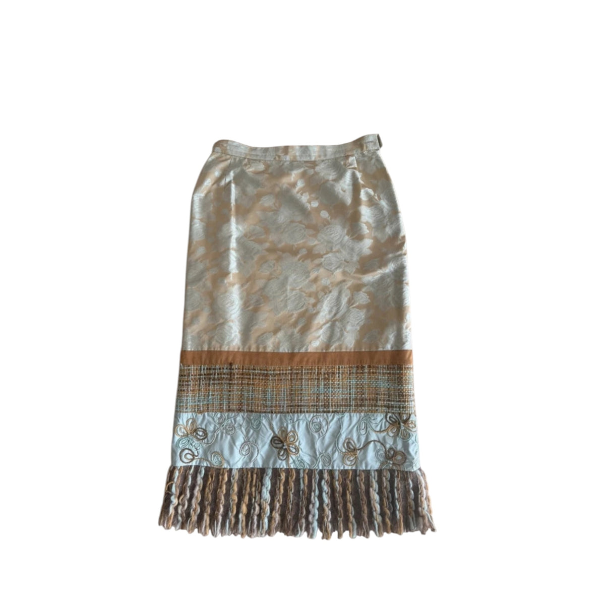 Vintage Textured Silk Midi Skirt with Fringed Hem