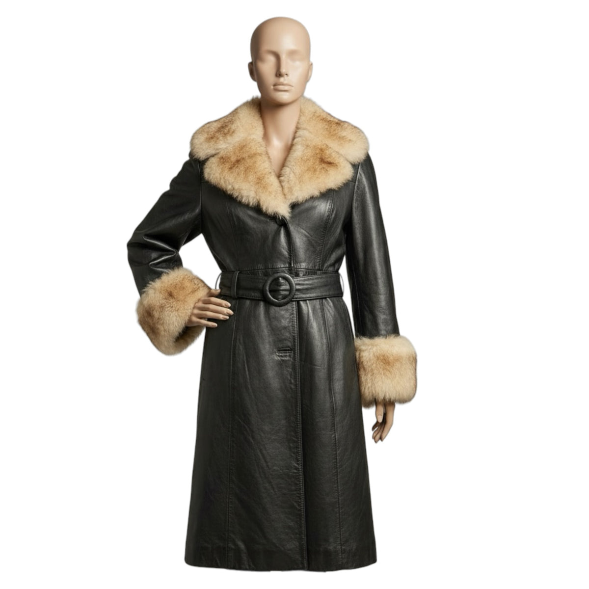 Vintage black fur leather coat maxi