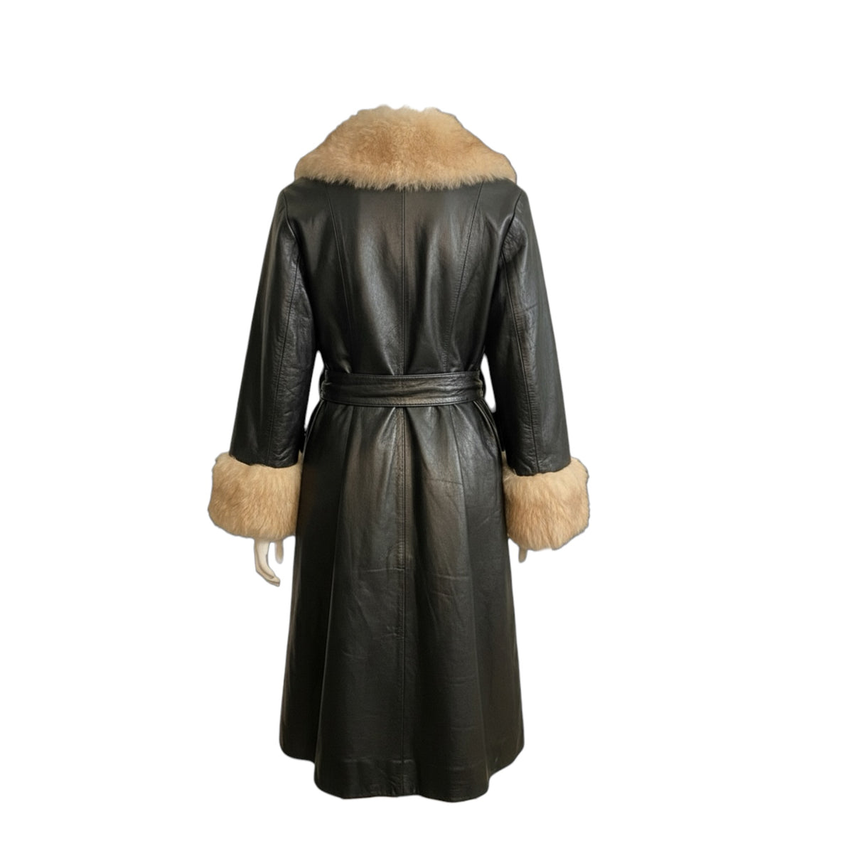 Vintage black fur leather coat maxi