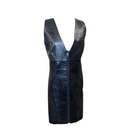Vintage Versace leather black front zip mini dress