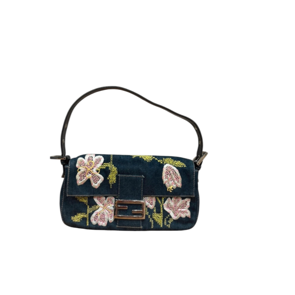 Vintage Fendi floral appliqué denim bag baguette