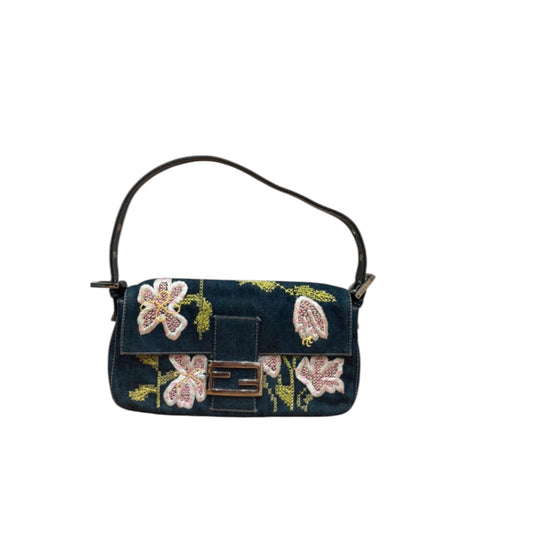 Vintage Fendi floral appliqué denim bag baguette