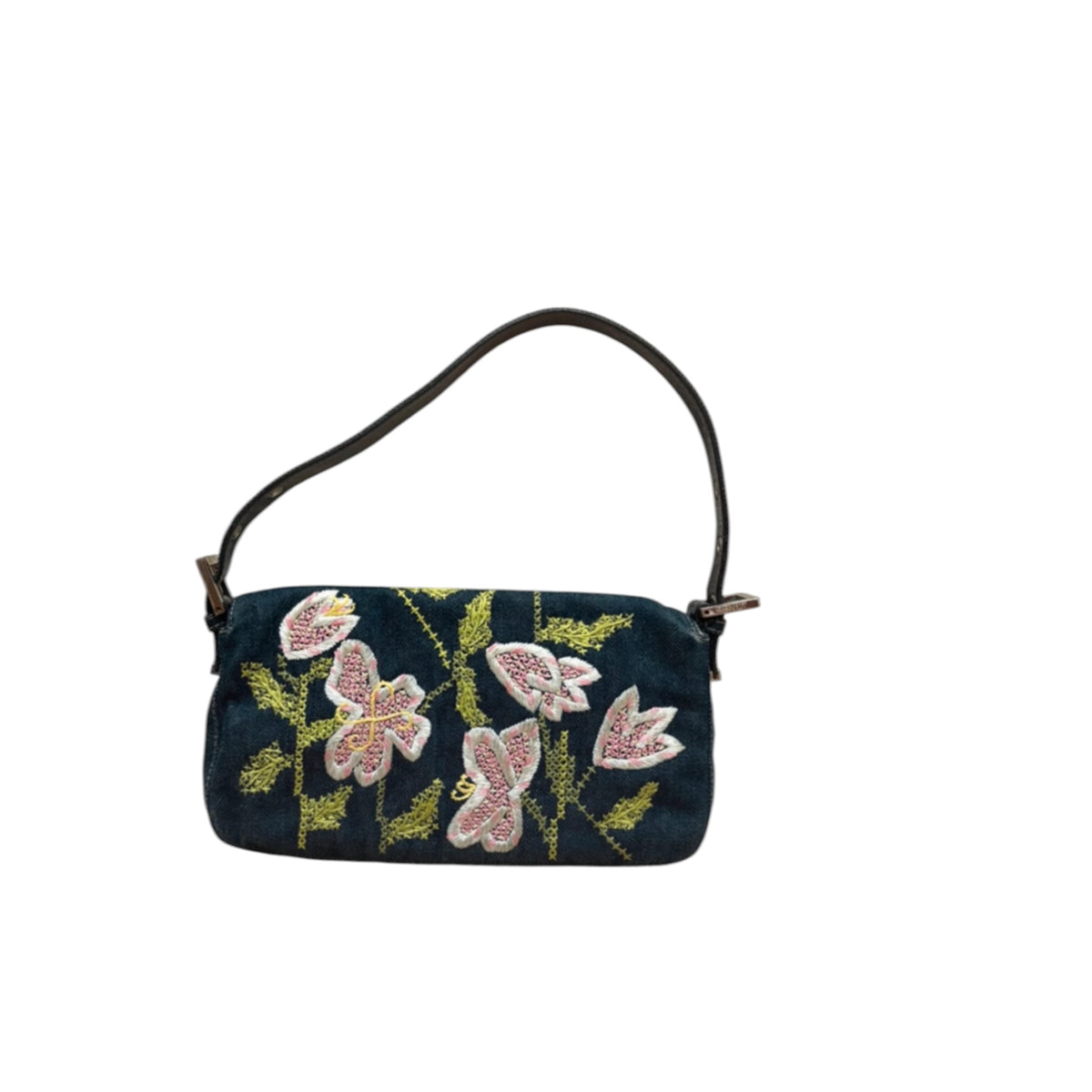 Vintage Fendi floral appliqué denim bag baguette
