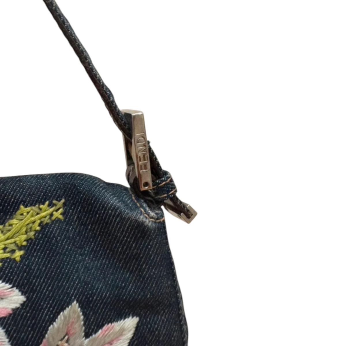 Vintage Fendi floral appliqué denim bag baguette