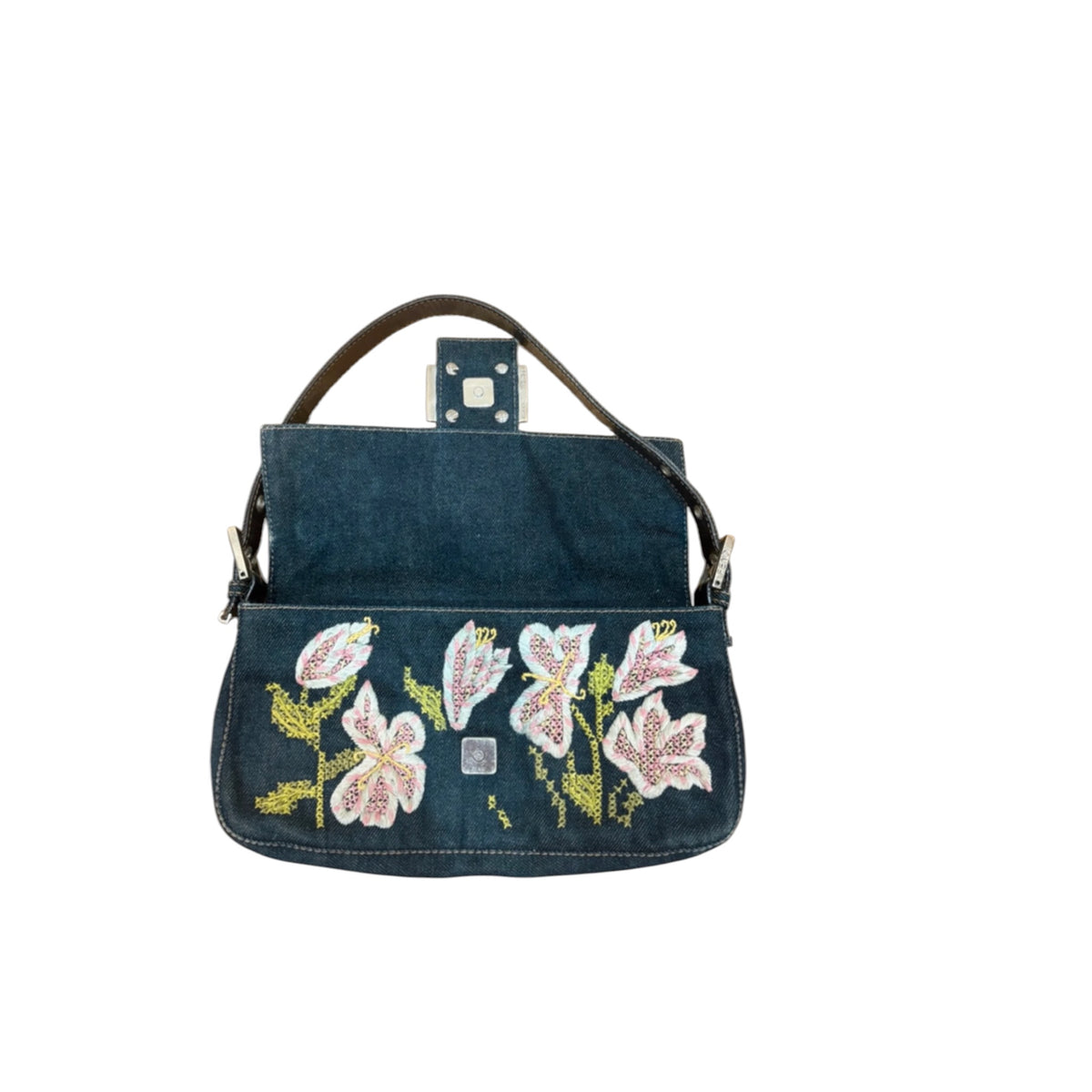 Vintage Fendi floral appliqué denim bag baguette