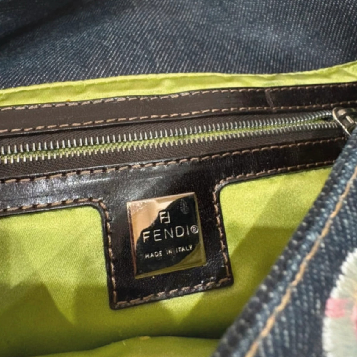 Vintage Fendi floral appliqué denim bag baguette