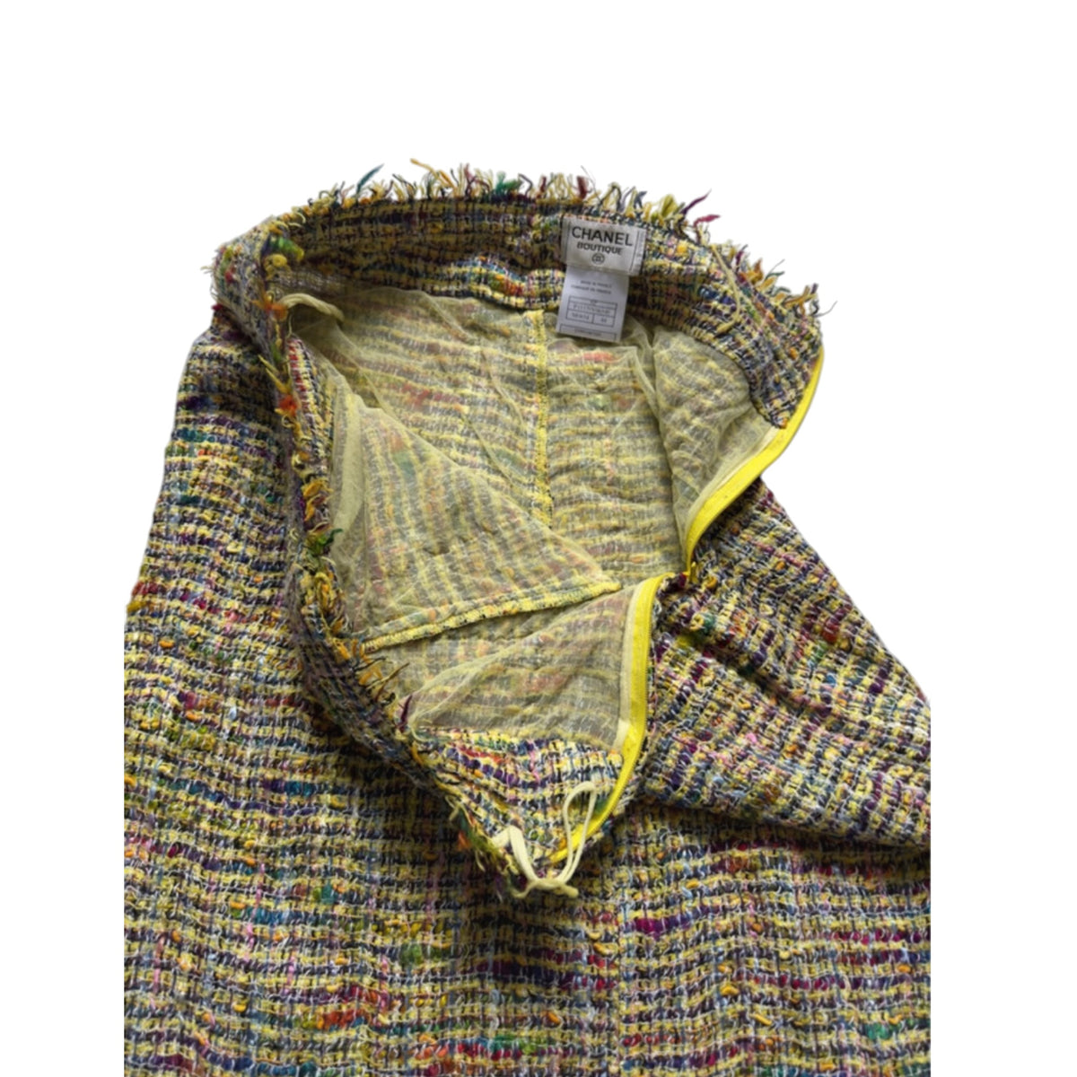 Chanel Spring Summer 1998 Runway RainbowTweed Skirt Suit Raw Cut