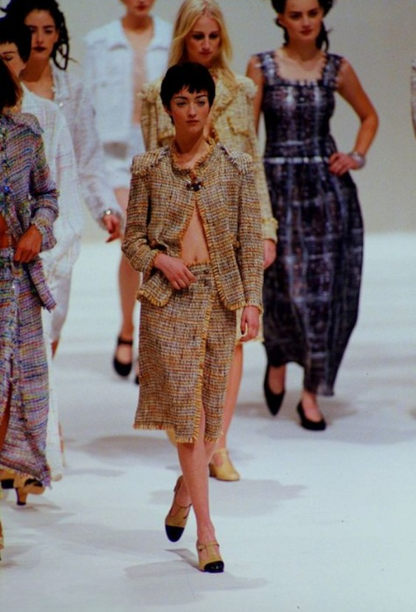 Chanel Spring Summer 1998 Runway RainbowTweed Skirt Suit Raw Cut