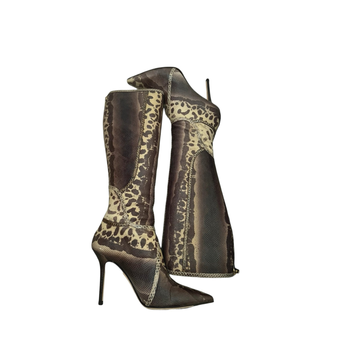 Fivedotsvintage knee-high stiletto boots featuring a pointed toe and a mix of brown animal and reptilian print textures.