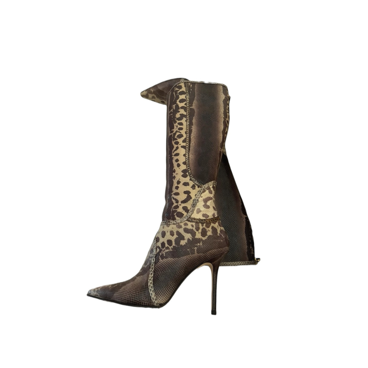 Fivedotsvintage knee-high stiletto boots featuring a pointed toe and a mix of animal print and reptilian textures.