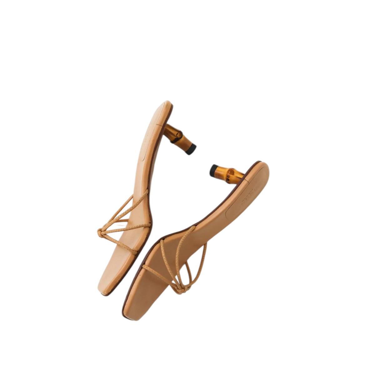 Fivedotsvintage beige leather strappy kitten heel sandals with unique bamboo-effect heels and square-toe design.